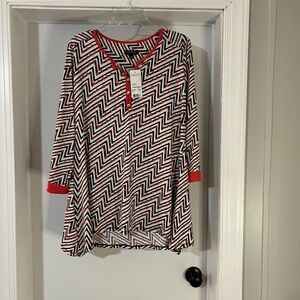 Notations Polka Dot 3/4 Sleeve Stretch Top Orange /Black Polka Dot L NEW